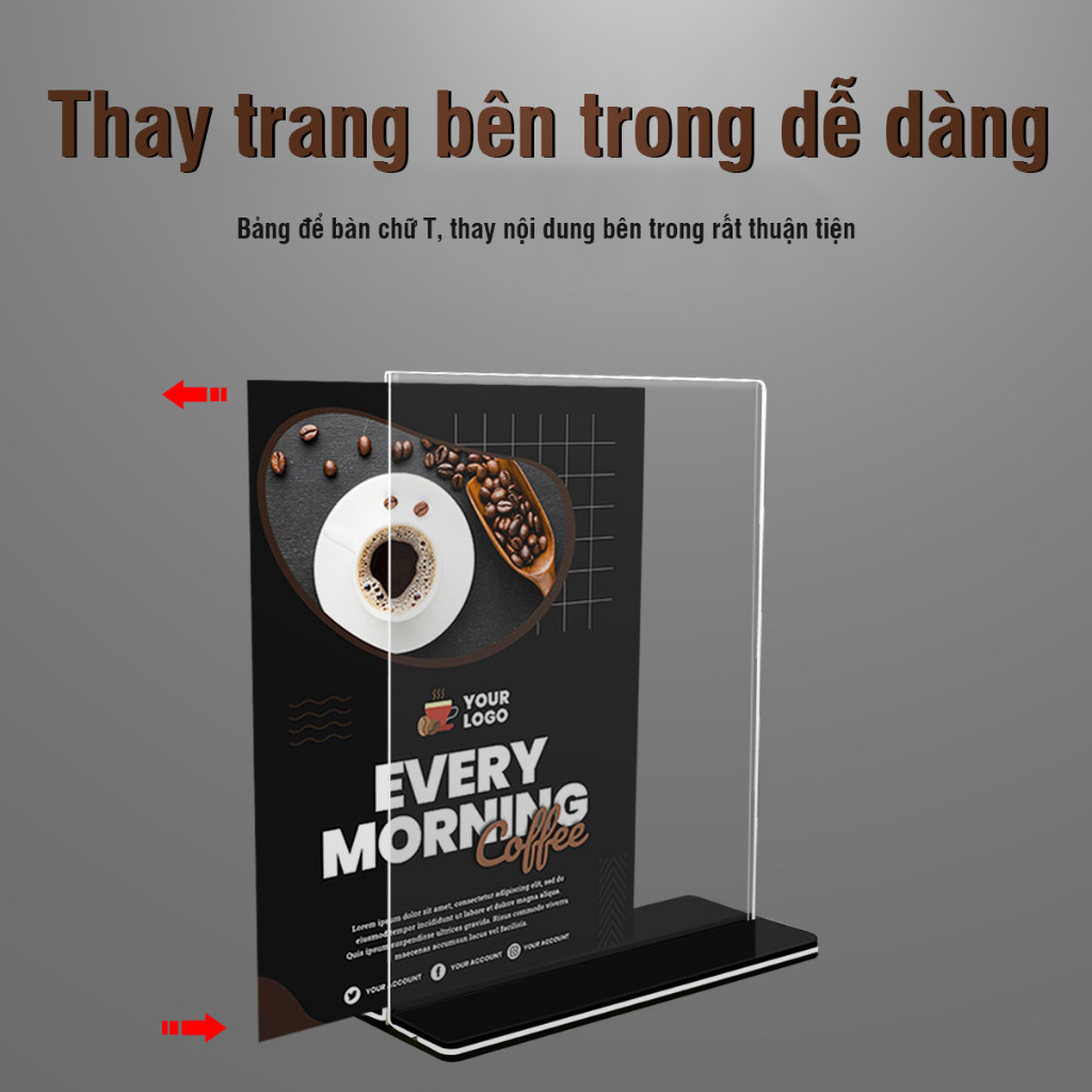 Bảng giá quán cà phê mica trong suốt – Kệ để bàn đặt menu giấy, bảng giá mica và QR gọi món