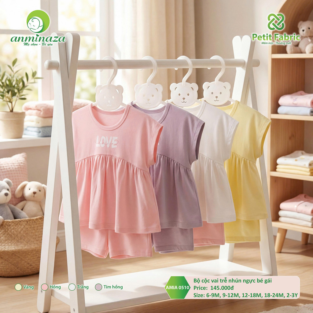 Bộ Cộc Tay Trễ Nhún Ngực Bé Gái Anminaza Vải Sợi Tre Petit Mềm Mại Thoáng Mát - Hàng Chính Hãng AMI0510