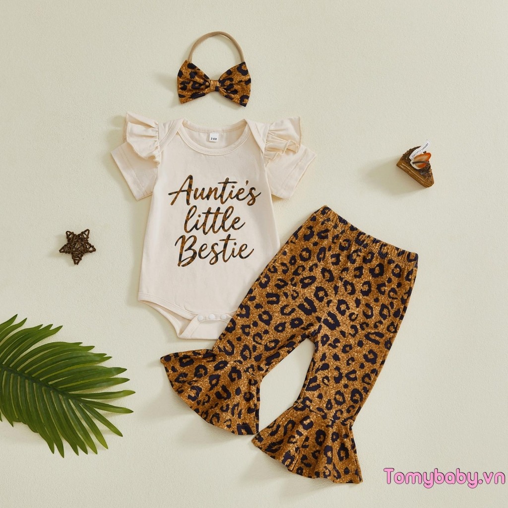 Bộ trang phục mùa xuân cho bé gái Áo liền quần ngắn tay + Quần loe họa tiết da báo + Băng đô nơ Bộ 3 chiếc