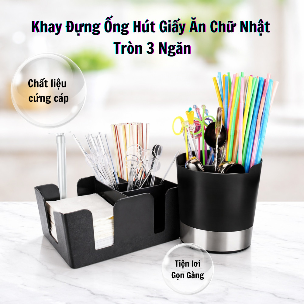 Khay Đựng Ống Hút Giấy Ăn Chữ Nhật, Tròn 3 Ngăn Chất Liệu Nhựa Cứng Cáp Siêu Bền