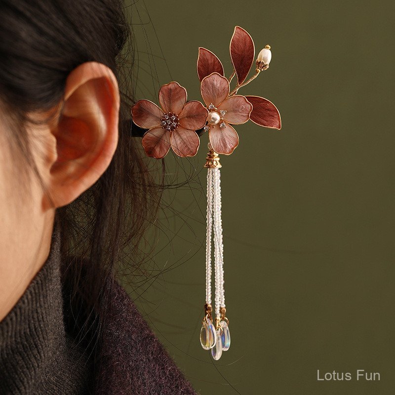 Phụ Kiện Hair Accessory Hanfu 2026 - Kẹp Tóc Nhung Hoa Lụa Retro Gỗ Đàn Hương