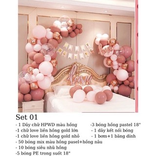 Set bóng bay trang trí phòng cưới tone màu hồng nâu sang trọng DF39
