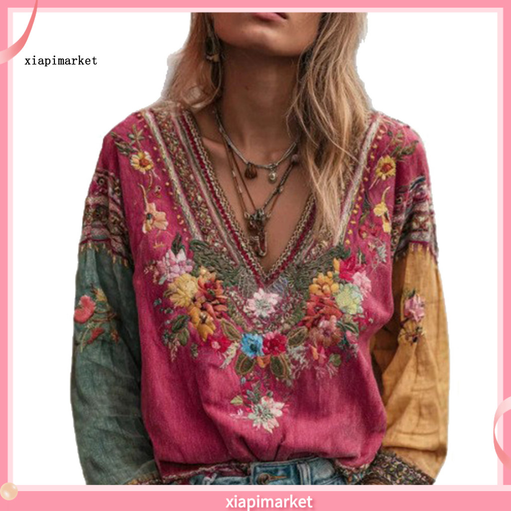 XIA | Áo Phông Chữ A Cổ Chữ V Tay Dài Thêu Hoa Phong Cách Bohemian Dân Tộc