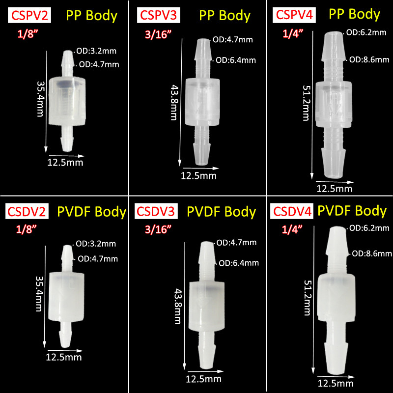 Van một chiều 1/4 3/16 1/8 PP/PVDF chịu áp thấp, van lò xo ozone, dùng cho nước/khí