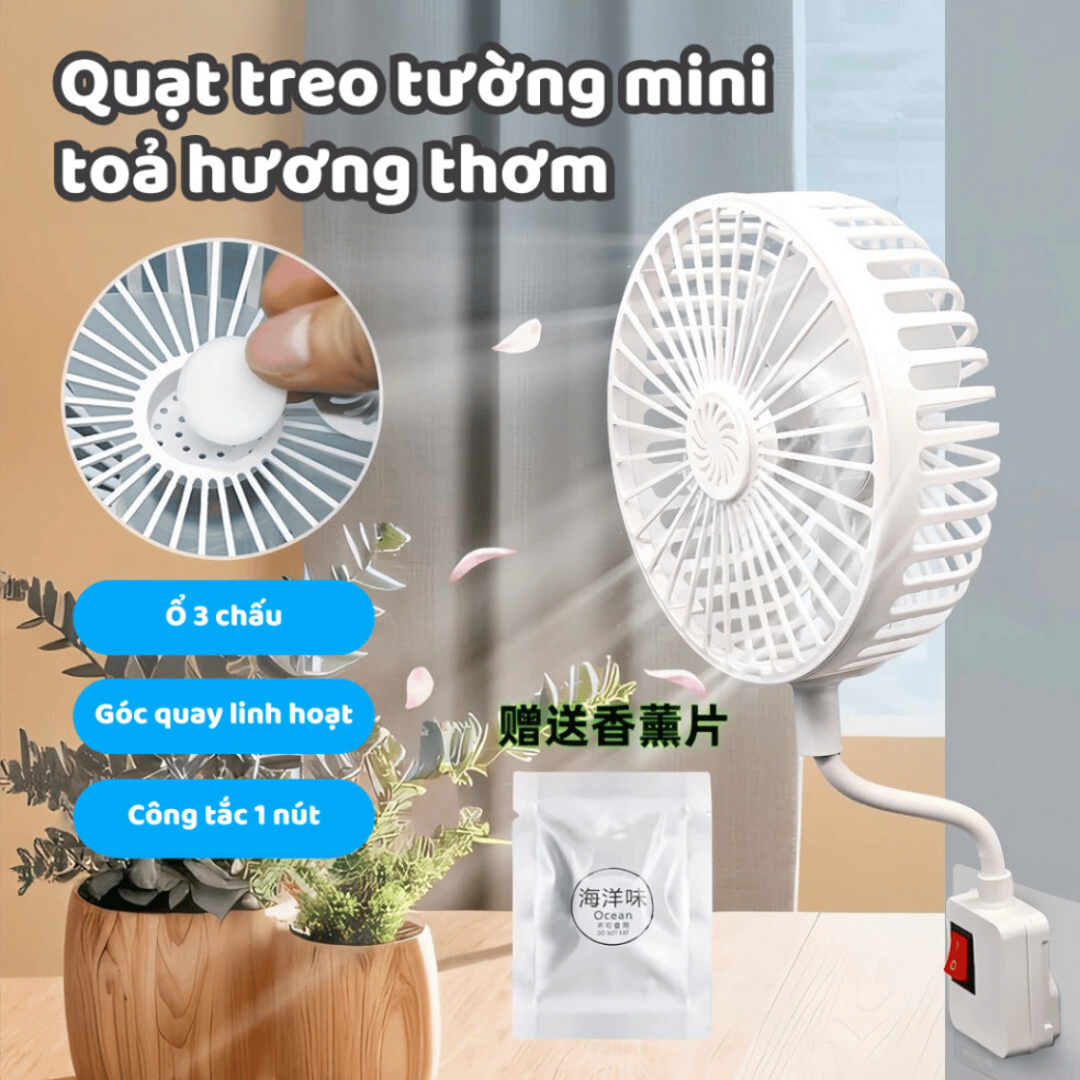 Quạt Treo Tường Nhà Bếp Nhà Tắm Có Lồng Xoay 360 Độ Toả Hương Quạt Mini Cắm Điện Nhà Bếp