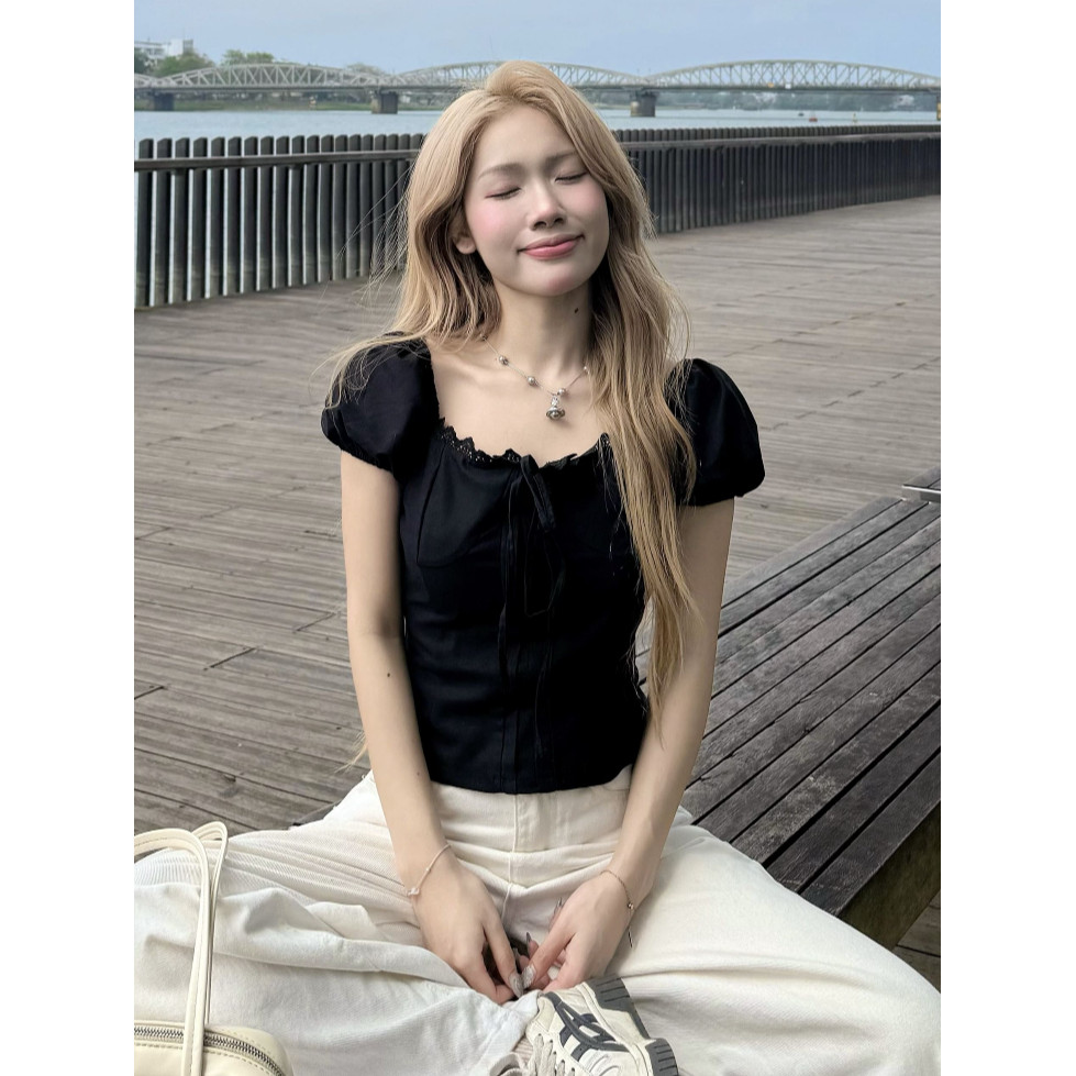 Áo babydoll nữ kiểu Linen rabtit tay phồng nơ ngực công chúa phong cách Kimee Ma55380