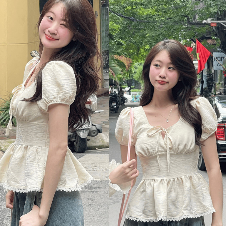 Áo Kiểu Nơ Buộc Bo Eo Tay Bồng Pha Ren A311733Thời Trang Nữ Bigsize