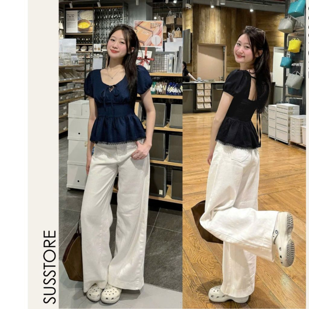 Áo Kiểu Nơ Buộc Bo Eo Tay Bồng Pha Ren A31177 Thời Trang Nữ Bigsize - Sam Botique