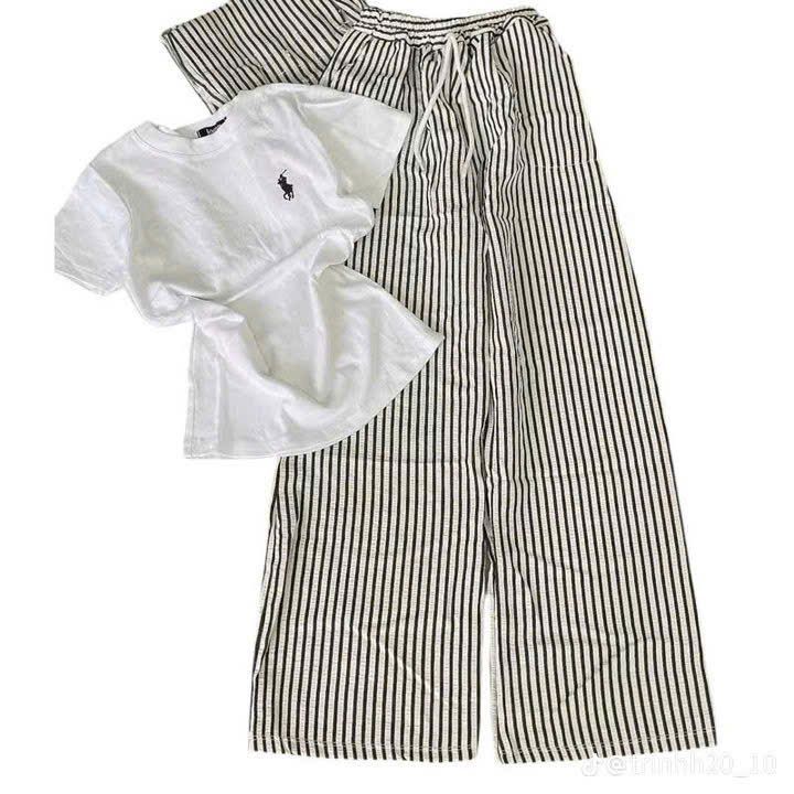 Sét bộ  quần suông đũi xốp kẻ vằn+ phối áo Phông CROPTOP in ngựa nguuc-chang3158