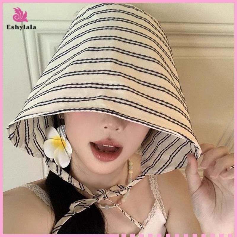 Mũ Beanie nữ phong cách Hàn Quốc, gấp gọn có dây cột, sọc kẻ, thích hợp đi biển