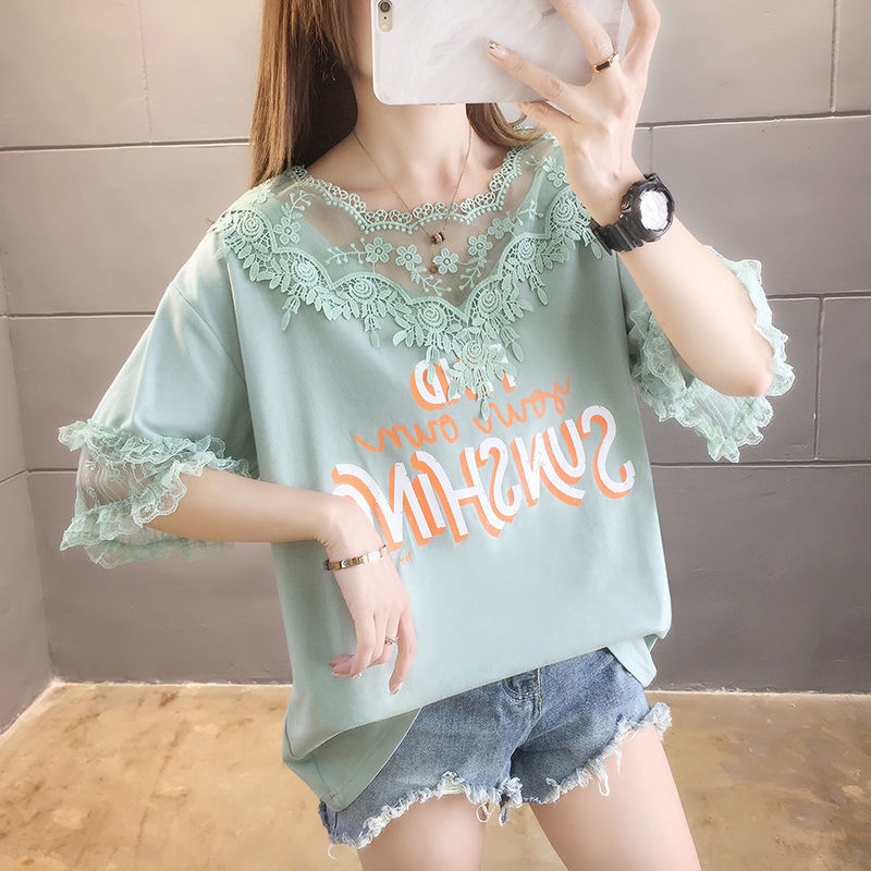 Áo thun ren tay ngắn cỡ lớn dành cho nữ, mặc mùa hè, dáng rộng, trẻ trung và phong cách, có thiết kế phối vải.