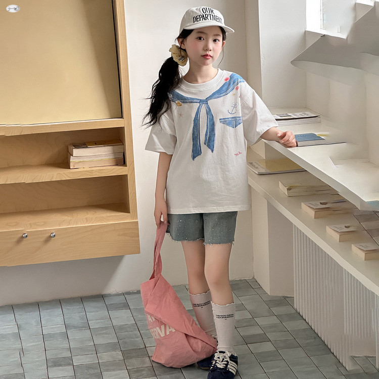 Áo thun ngắn tay phong cách hải quân bé gái mùa hè phong cách mới cho trẻ em in kỹ thuật số Áo thường ngày