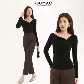 Áo thun nữ tay dài GUMAC cổ kiểu trễ vai chất liệu thun ướt thoáng mát  ATE09012