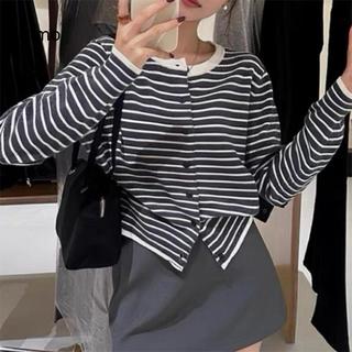 LUImo Hàn Quốc Retro Sọc Tròn Ne Dài Tay Dệt Kim Áo Cardigan Nữ SBS