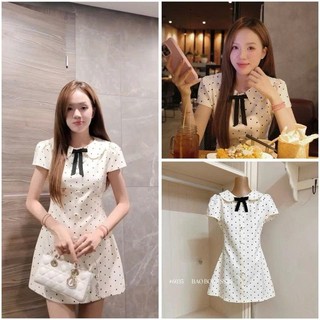 Váy Chấm Bi Tiểu Thư Siêu Xinh Có Ảnh Thật, Váy Cổ Sen Buộc Nơ Dáng Xòe