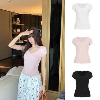 Áo thun cổ chữ V tay ngắn màu trơn mùa hè mới mặc đẹp dáng ôm co giãn thoải mái nữ đen hồng xám