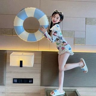 Đồ bơi liền thân tay dài cho bé gái - áo tắm chống nắng nhanh khô in hình dễ thương viền bèo phong cách Hàn