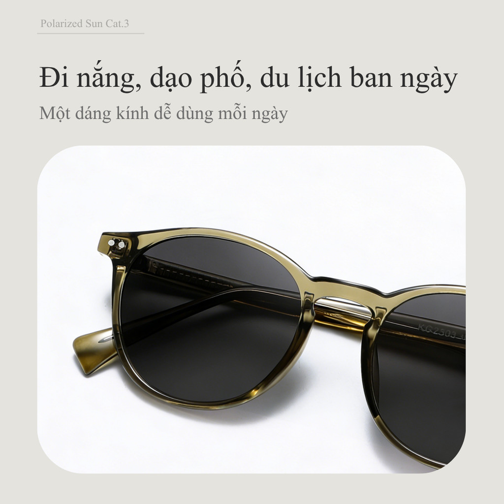 LENSSCAPE-Kính mát phân cực retro dáng tròn bo nhẹ gọng mảnh TR kim loại UV400