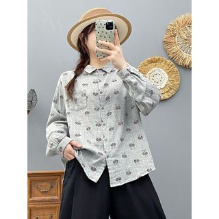 Áo sơ mi nữ tay dài phong cách Mori art, sợi cotton cao cấp, in mềm mại