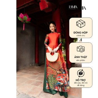 Áo dài truyền thống Lamia Design AD146  lụa cao cấp màu cam đỏ phối họa tiết tinh tế