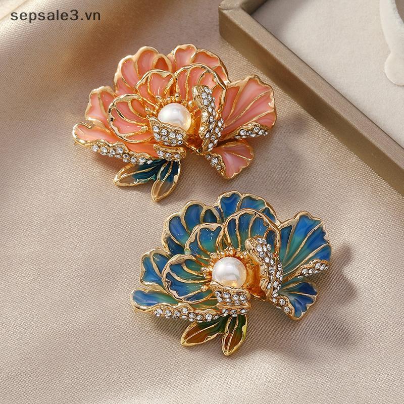 Trâm cài kim cương giả họa tiết hoa mẫu đơn màu hồng và xanh ngọc trai - Trang sức sang trọng cho cô nàng dự tiệc