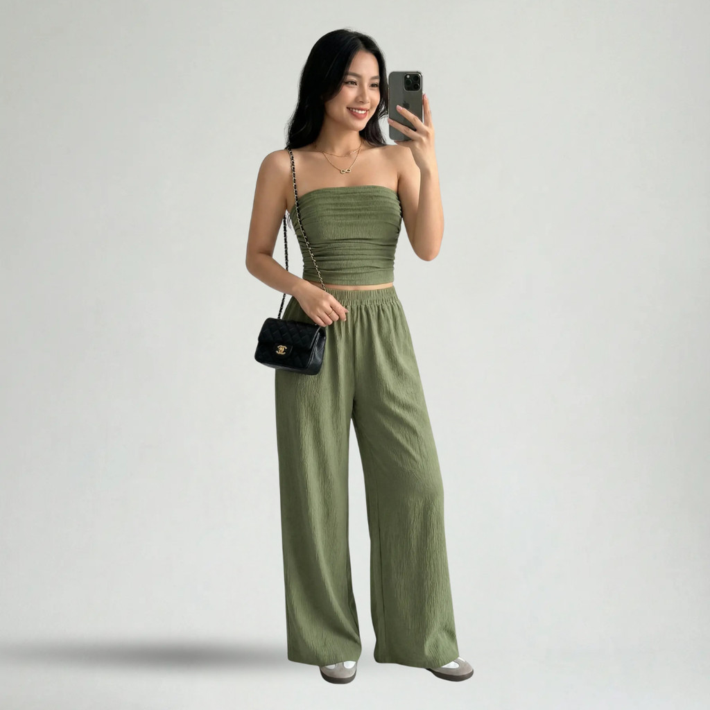 Set Áo Quây Quần Dài Nữ Vải Crepe Màu Xanh Olive
