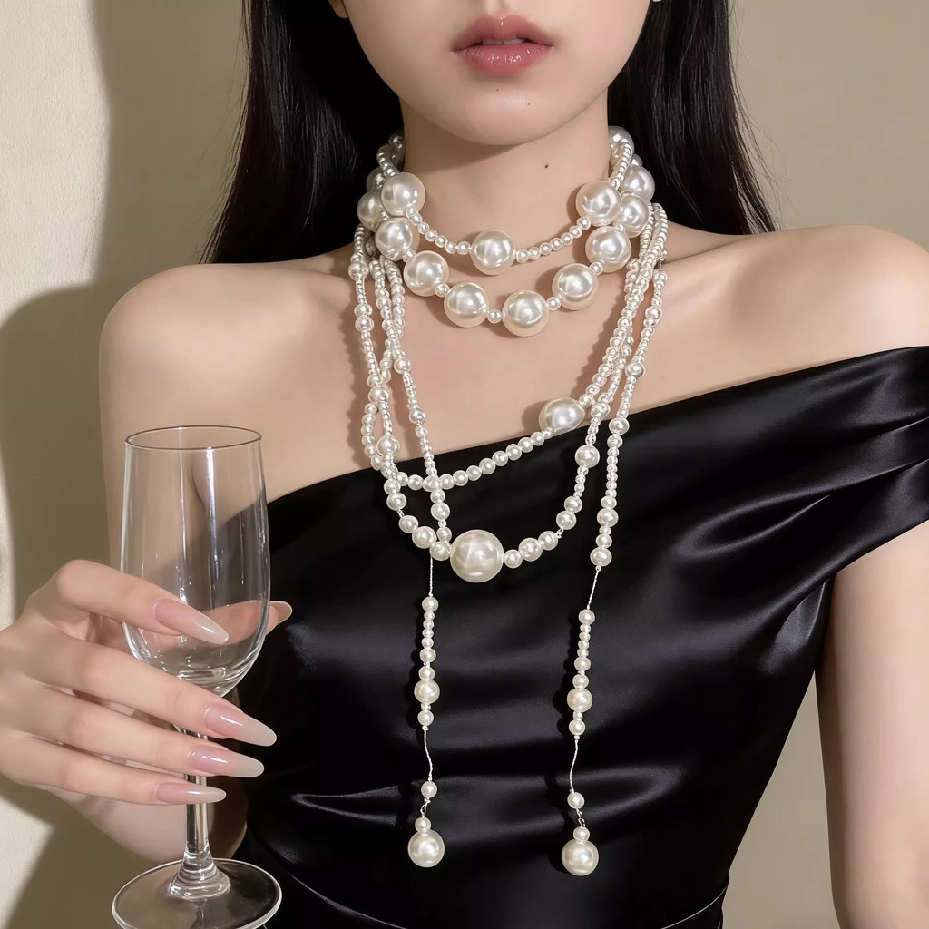 Vòng cổ tua rua ngọc trai nhiều lớp kiểu Pháp, đính cườm đẹp mắt, phụ kiện sang trọng cho nữ