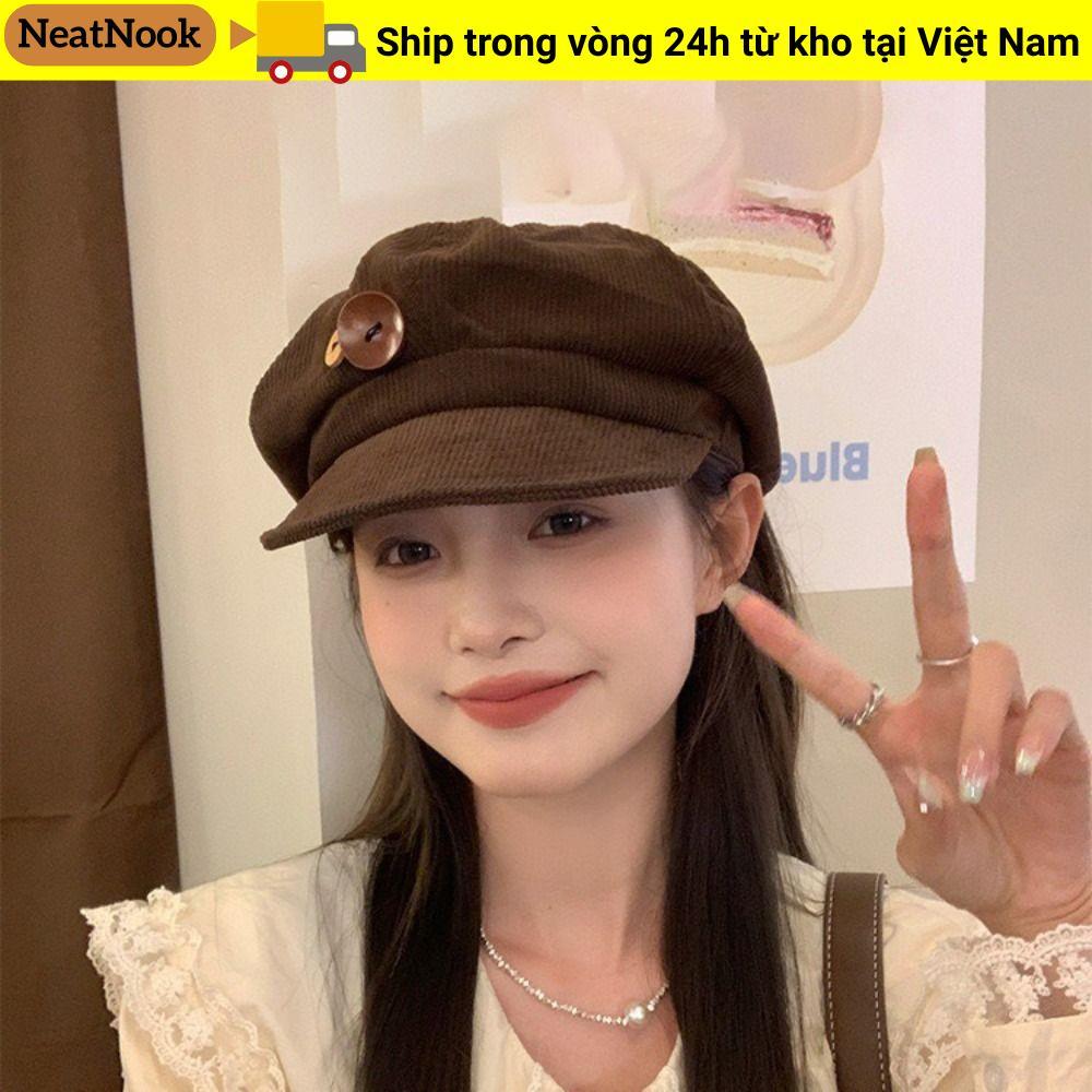 Mũ bóng chày vải nhung NEATNOOK, trang trí hai nút giữ ấm hình bát giác, Mũ nồi chống gió cổ điển Mũ báo có thể điều chỉnh cho nữ Cô gái