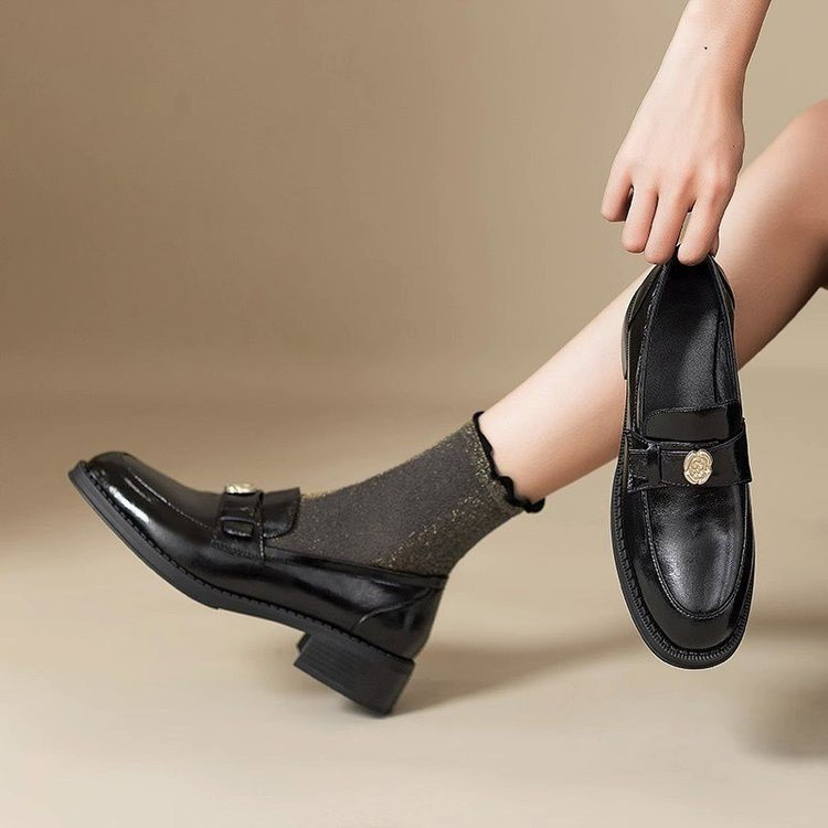 Pháp Retro Phong Cách Anh Quốc Dày Gót Giày Da Thật Slip On Camellia Giày Da Nhỏ
