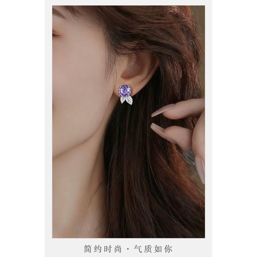 S925 Bạc Kim Bông Tai Hoa Hồng Tím