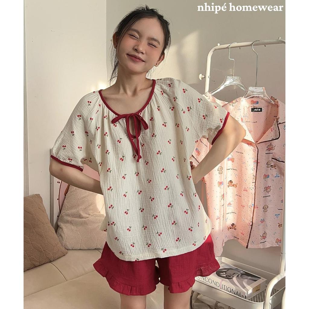 Bộ đồ ngủ tay ngắn quần đùi nhipé homewear nữ set đồ ngủ mặc nhà chất liệu xô muslin cao cấp mềm mịn mát họa tiết cheri