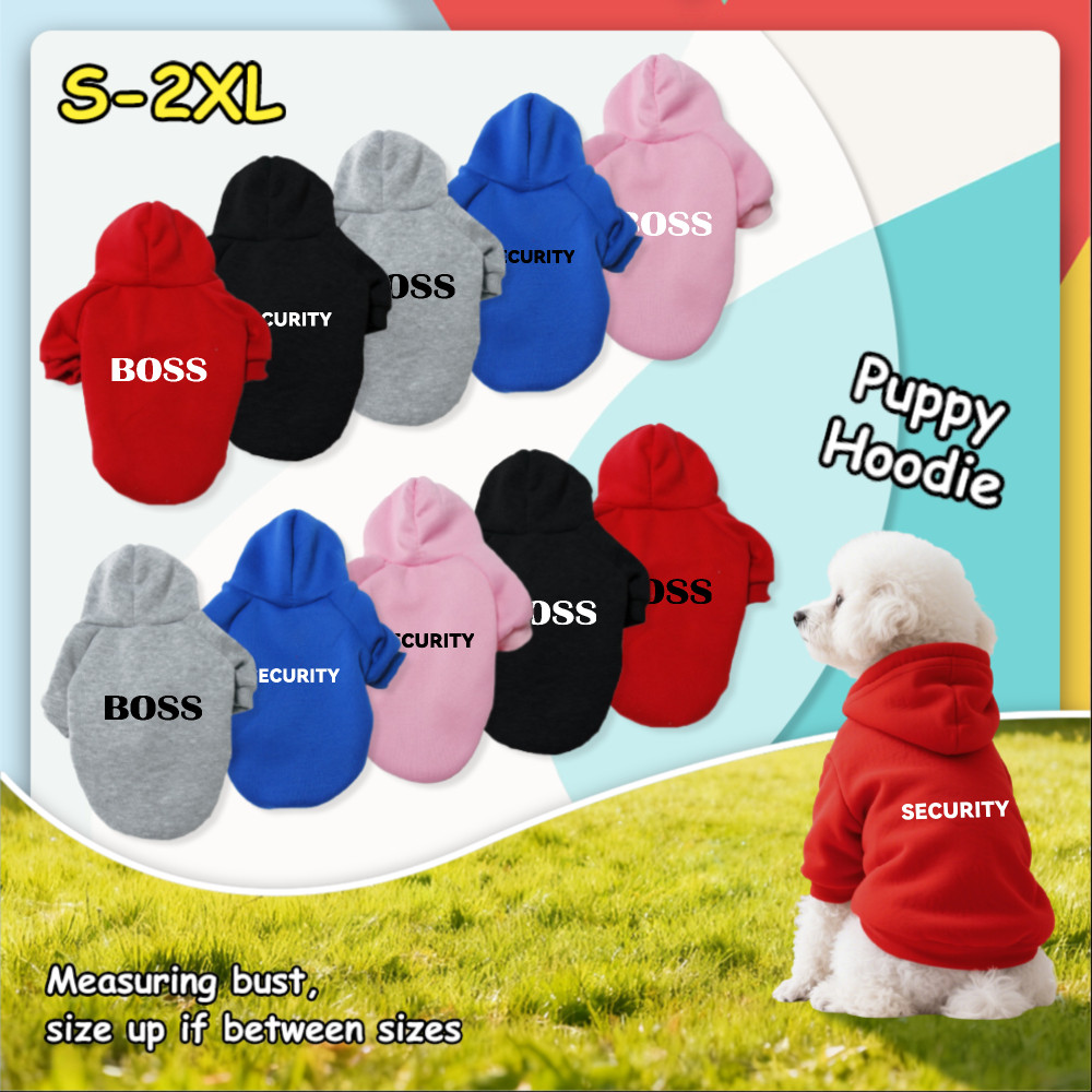 Size S-2XL: Áo nỉ có mũ trùm đầu cho thú cưng, Boss, in bảo mật, phong cách chui đầu, có sẵn 5 màu, mềm mại, thoáng khí, ấm áp, có thể giặt được bằng máy, thích hợp cho mọi giống chó nhỏ.