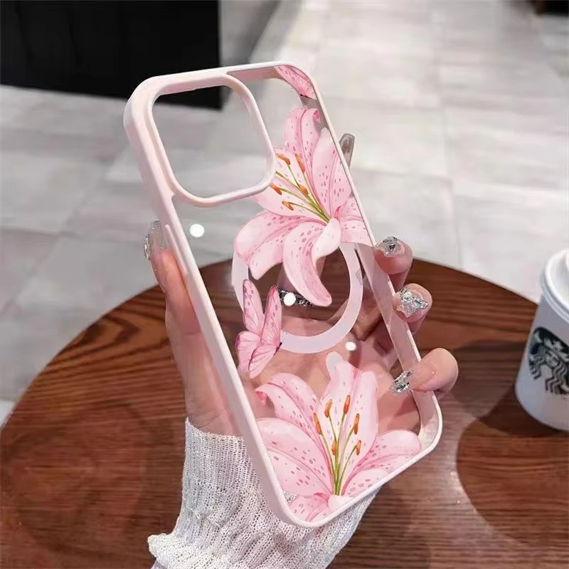 Dành Cho iPhone 16 15 11 12 13 14 Pro 17 Max 14 15 Plus 16e Ốp Lưng Hoa Lượn Màu Hồng Trong Suốt Từ Tính Cứng Điện Thoại Chống Sốc