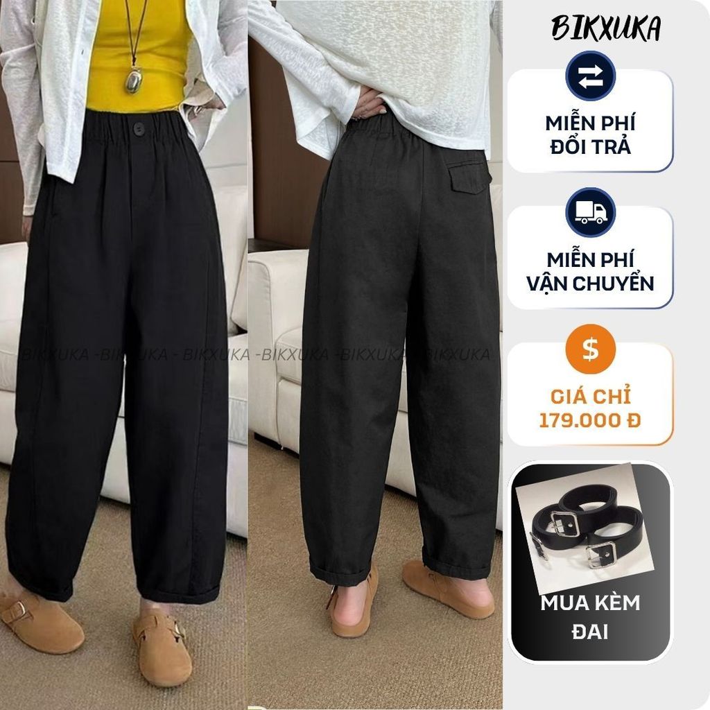 BIKXUKA - Quần baggy nữ cạp cao vải kaki nhật loại 1 co giãn nhẹ, quần baggy ống rộng form thụng dáng nấm 2 túi sườn Q17