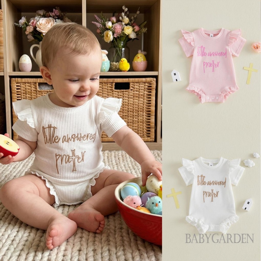Bé Gái Phục Sinh Áo Liền Quần Chữ Thêu Xù Viền Tay Ngắn Cổ Tròn Sơ Sinh Jumpsuit