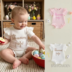 Bé Gái Phục Sinh Áo Liền Quần Chữ Thêu Xù Viền Tay Ngắn Cổ Tròn Sơ Sinh Jumpsuit