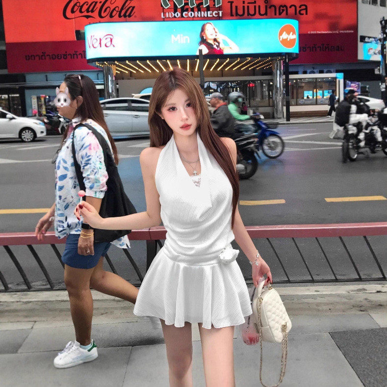 Ren Slim-fit Dây Đầm Nữ Mùa Hè Màu Xanh Váy Ngắn Có Hoa Pure Desire Slim-fit Váy Chữ a