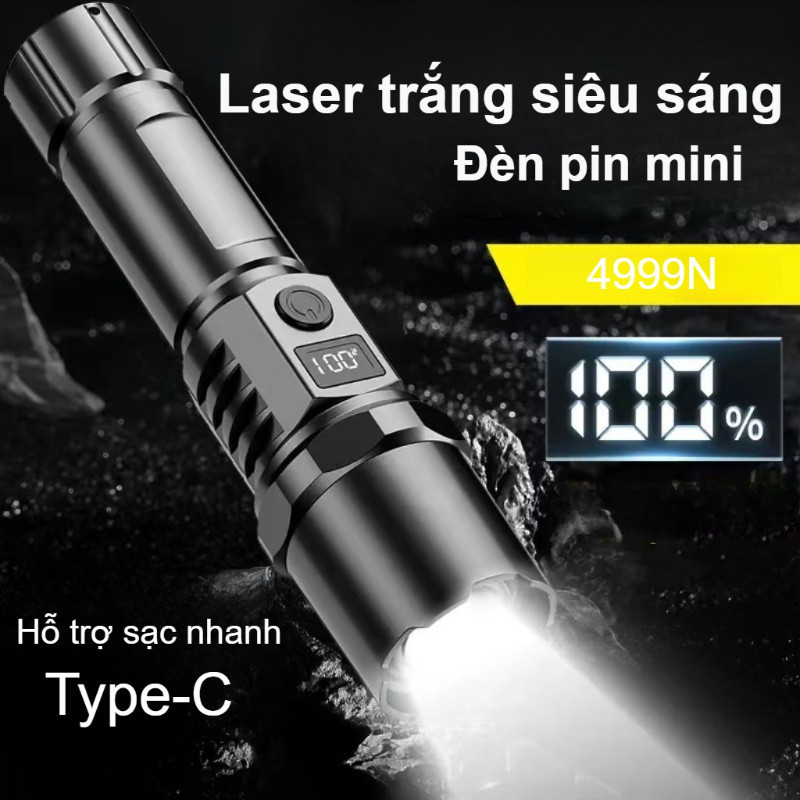 Đèn pin LED siêu sáng 1000LM sạc USB Type-C chống nước IPX7, đèn pin cầm tay pin trâu có zoom