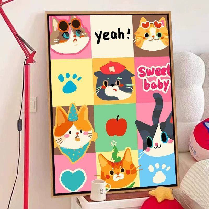 Tranh trang trí canvas mèo mềm mại và dễ thương để trang trí tường nền sofa phòng khách