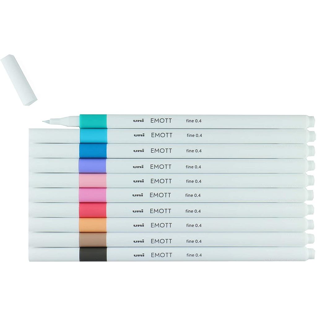 Uni EMOTT Fineliner 0.4mm/Bo 10 Mau/But long kim khong tham/Kem hop dung/Made in Japan