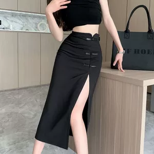Váy midi đen retro nữ, khóa kéo, thiết kế xếp ly hông