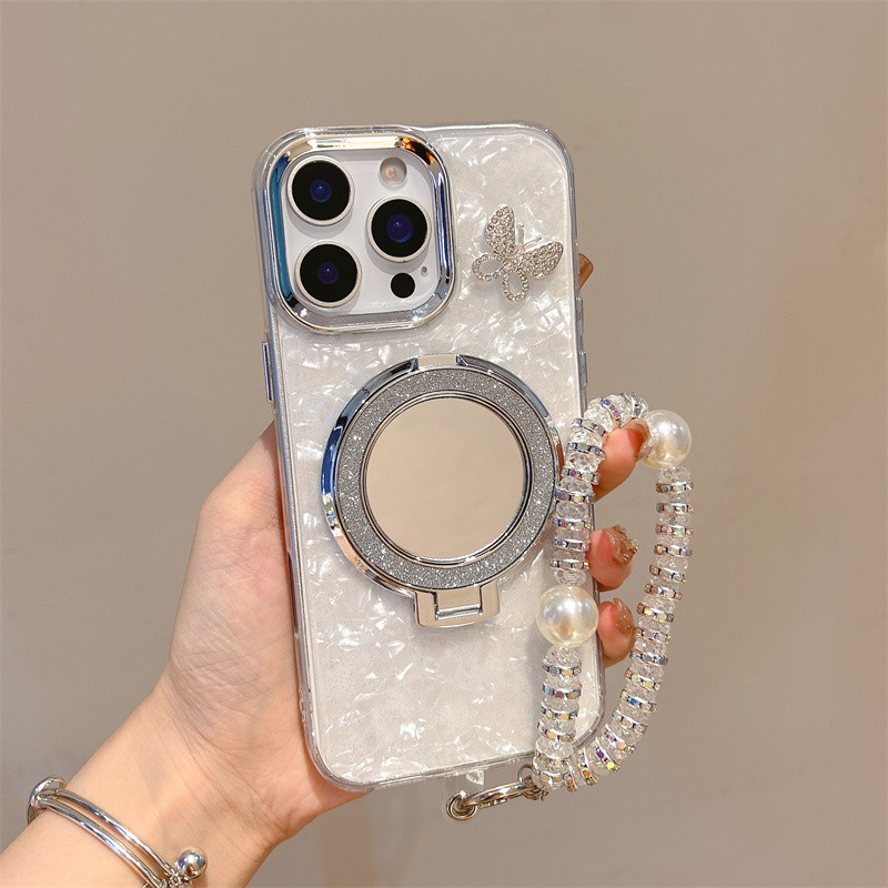 Ốp lưng iPhone nơ 3D có giá đỡ gương tròn phù hợp cho iPhone 17 Pro Max, iPhone 17 16 15 14 13 12 11