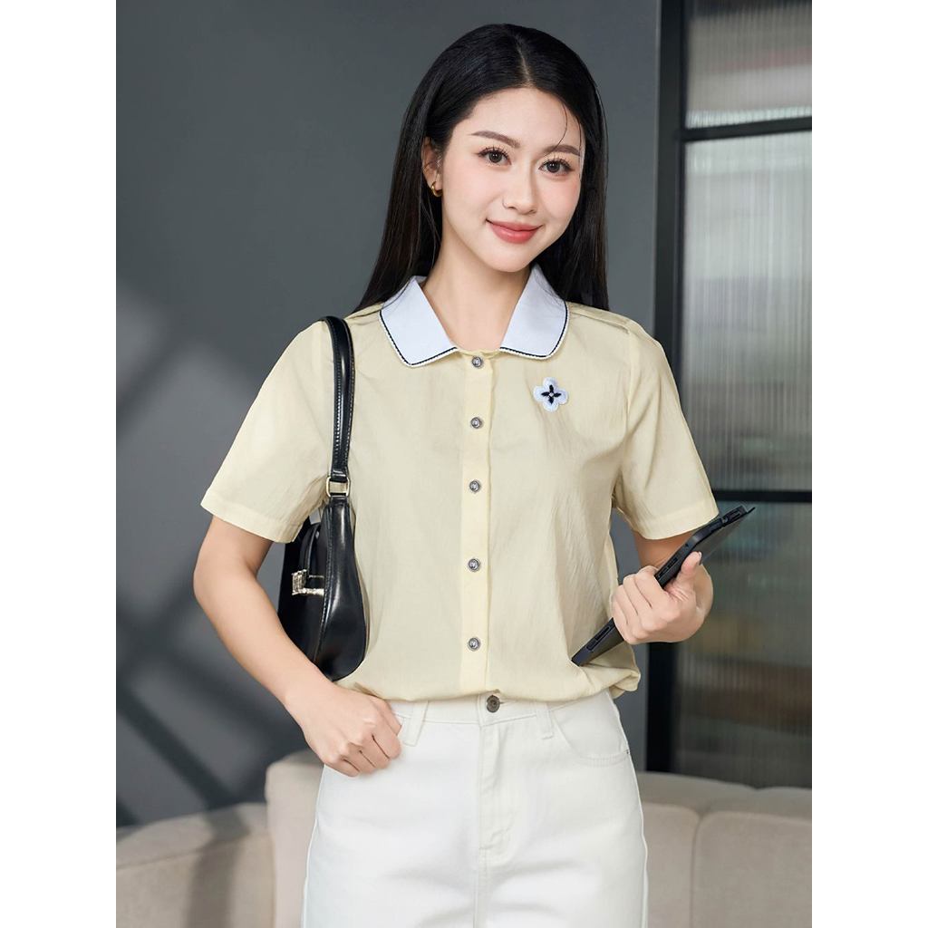 Áo sơ mi nữ CARDINA chất thô gió tay cộc gấu rút phối cổ 6ASC03