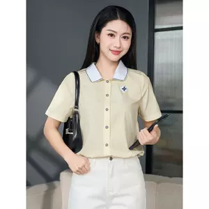 Áo sơ mi nữ CARDINA chất thô gió tay cộc gấu rút phối cổ 6ASC03