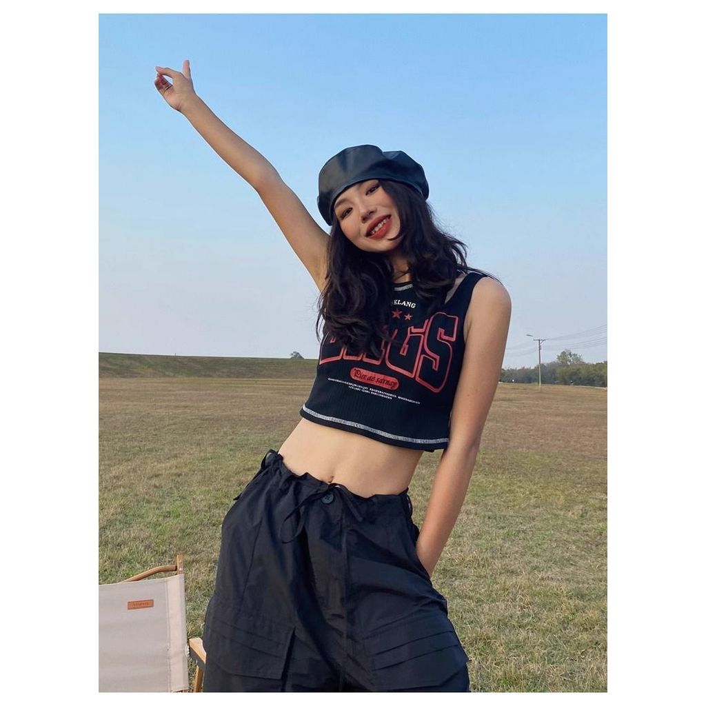 Milyfashion Áo Ngắn Ghép Giả Hai Mảnh Phối Màu Tương Phản Hình Chữ I Phong Cách Retro Mỹ Cho Nữ