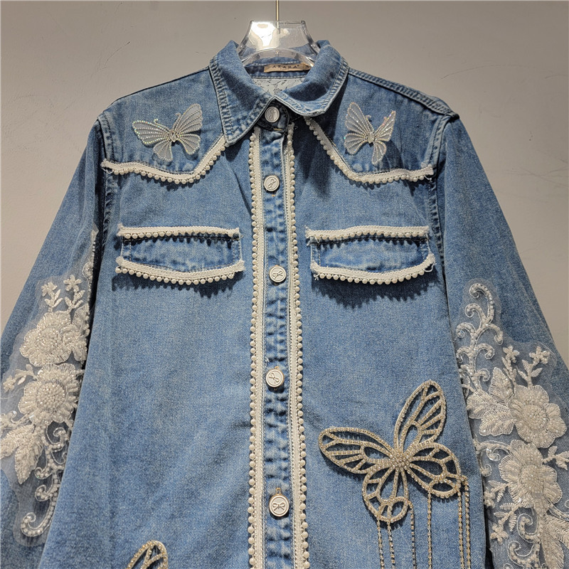 Áo sơ mi denim nữ với ren công nghiệp nặng, thiết kế dài tay retro phong cách phương tây, phù hợp mùa xuân