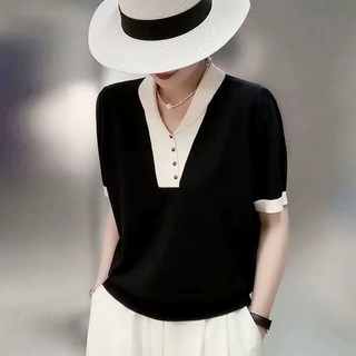 Áo thun tay ngắn dệt kim mỏng, cổ chữ V, style Hàn Quốc, dễ mặc hàng ngày
