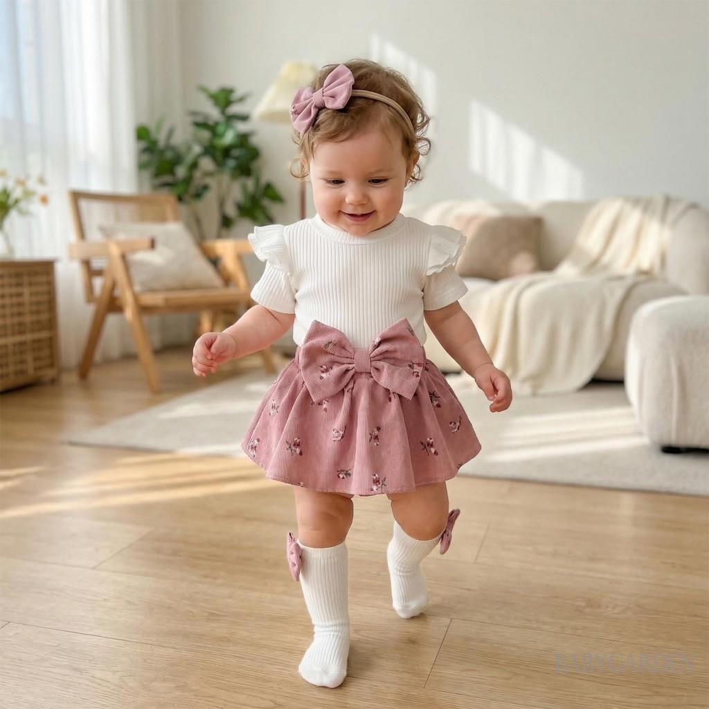 Bộ trang phục mùa hè cho bé gái Váy ngắn tay áo liền quần + Tất dài + Bộ băng đô Quần áo sơ sinh