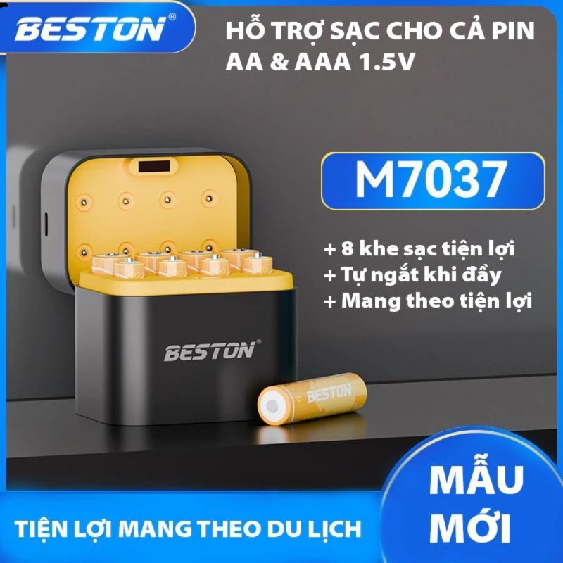 Hộp Sạc Pin BESTON M7036 M7037 – 8 Khe Sạc Pin AA/AAA Cổng USB Dng Cho Thiết Bị Điện Tử – Chính Hãng
