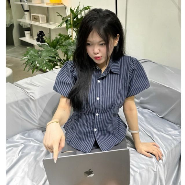 Áo sơ mi kẻ sọc tay bồng A4 chiết eo dễ phối đồ hàng loại 1có bigsize - Sam botique